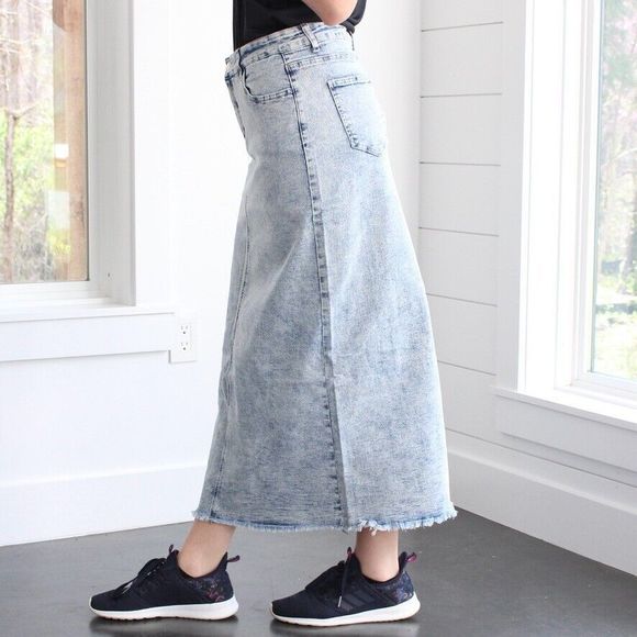 NWT Be-Girl Long Modest Acid Jean Skirt Sz Medium Sand Blush Maxi Stretch Denim - Picture 5 of 14